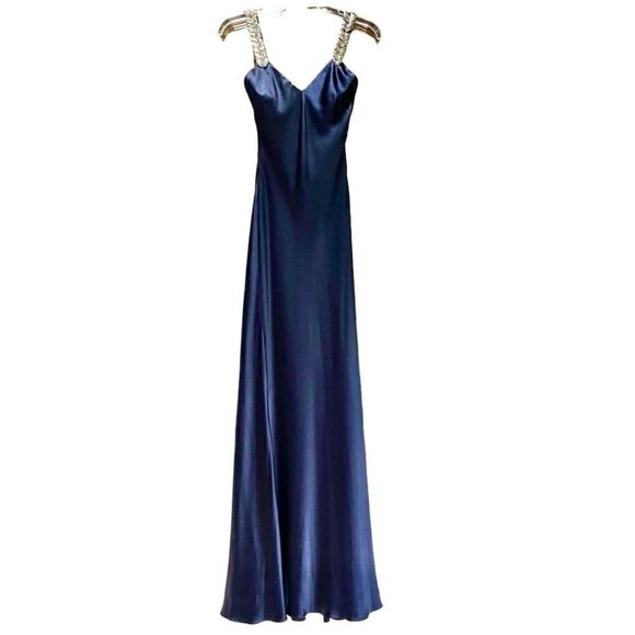 Ralph Lauren Black Label Silk Satin Charmeuse Gown in Navy/Silver Women’s 2 - Picture 1 of 9